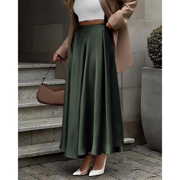 2025 Trendy Pleated High Waisted Satin Skirt - Flowy A-Line Maxi for Women - Picture 4 of 6